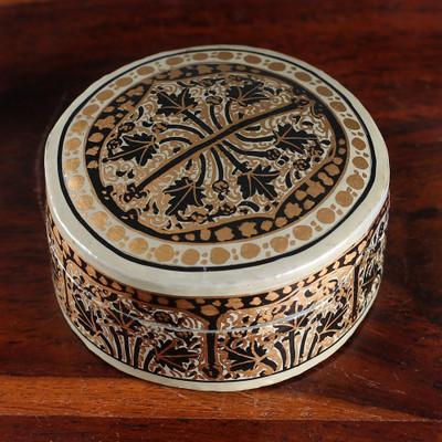 'Leaf-Themed Round Papier Mache and Wood Decorative Box'