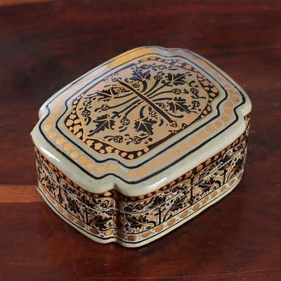 'Kashmir-Inspired Leaf-Themed Black and Golden Decorative Box'