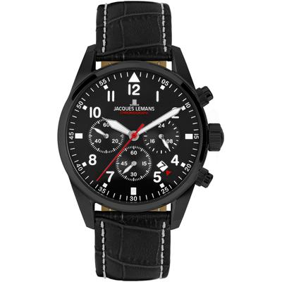 Chronograph JACQUES LEMANS "Barcelona", schwarz, Armbanduhren, Herren, Quarzuhr, Armbanduhr, Herrenuhr, Datum, Stoppfunktion, Lederarmband Image