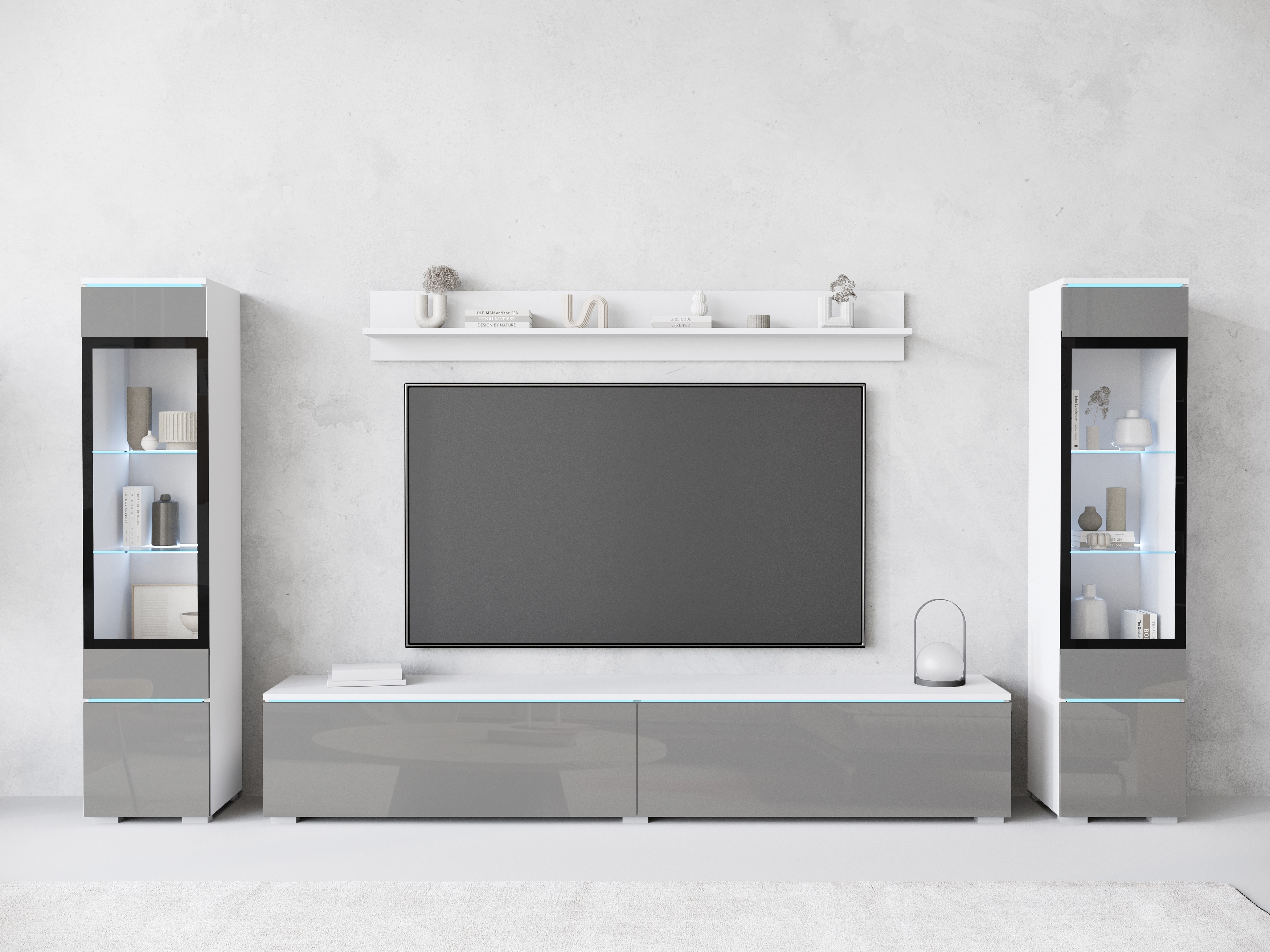 Wohnwand INOSIGN "VERA II", grau (weiß, grau hochglanz), B:260cm H:130cm T:33cm, Kastenmöbel-Sets, Wohnwand, Mediawand 260 cm, Vitrine mit Verglasung, stehend und hängend, Topseller