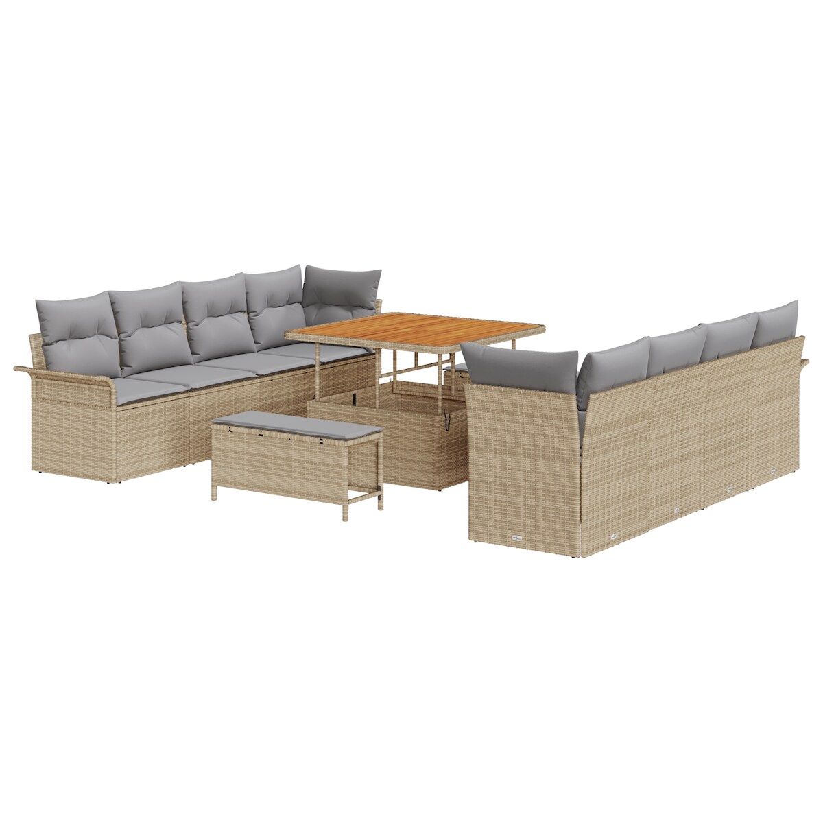 vidaXL 11-teiliges Garten-Sofa-Set mit Kissen in Beige, aus Poly-Rattan und Akazie. Image