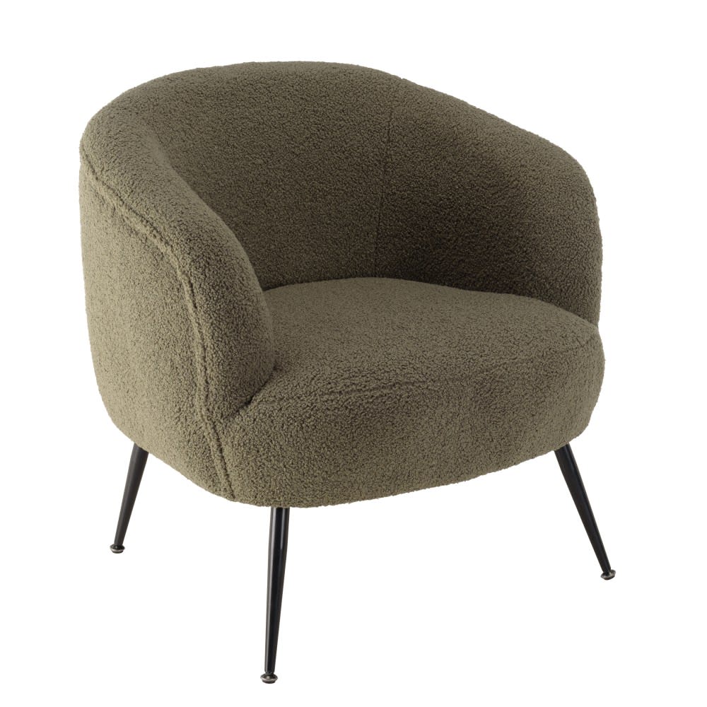 Fauteuil cosy tissu bouclette vert kaki pieds métal noir