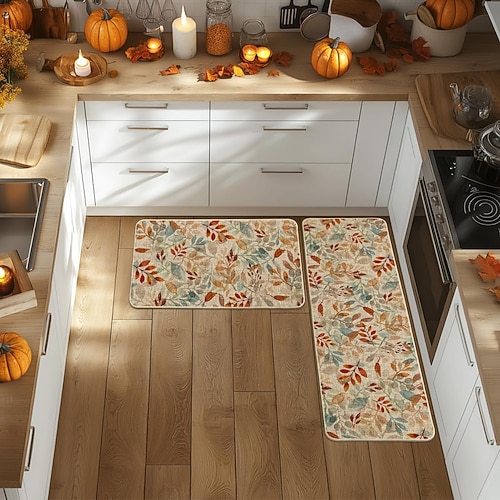 Herbstliches Kürbis-Leinenmatten-Set - saugfähige, ölbeständige Küchen- und Eingangstürmatten, 2-teiliges Set für Thanksgiving Image