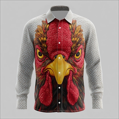 Herren Tiermotiv Hahn Lustig Hemd Knopfhemd Lässiges Hemd Langarm Modisch lässig Urlaub Täglich Streetwear Sommer Frühling Umlegekragen 3D-Druck Hemden mit Kragen Hell Gray Image