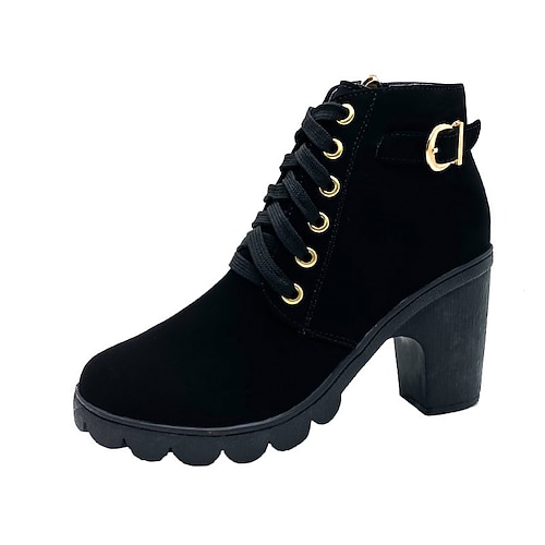 Schwarze Damen-Schnürstiefeletten mit dickem Absatz und seitlicher Schnalle, lässige modische Kurzstiefel für Streetwear im Herbst und Winter Image