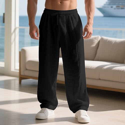 Herren Leinenhosen Hose Sommerhose Baggy-Hosen Strandhose Kordelzug Elastischer Bund Gerader Schnitt Einfach Komfort Atmungsaktiv Volle Länge Heim Täglich Ferien Urlaub Mode Schwarz Weiß Unelastisch Image