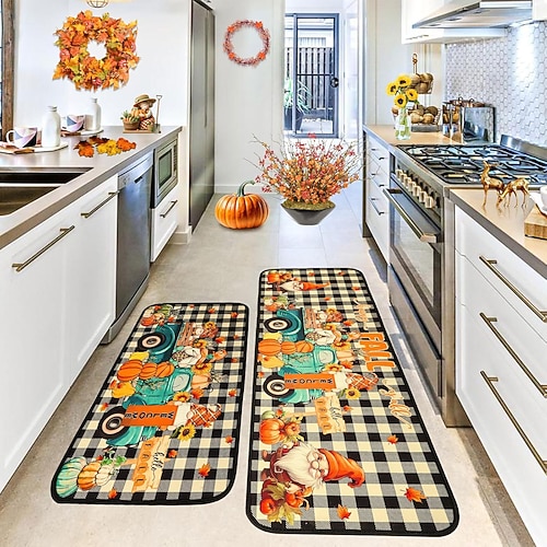 Herbstliches Kürbis-Leinenmatten-Set - saugfähige, ölbeständige Küchen- und Eingangstürmatten, 2-teiliges Set für Thanksgiving Image