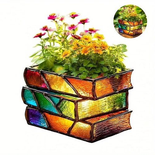 Blumentopf mit gestapelten Büchern, 3/4-lagiges Bücherregal-Pflanzgefäß, Pflanzgefäße aus Kunstharz in Buchform für die Innen-/Außendekoration, ideales Geschenk für Buchliebhaber, Schriftsteller, Image