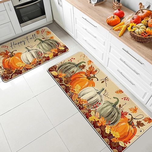 Herbstliches Kürbis-Leinenmatten-Set - saugfähige, ölbeständige Küchen- und Eingangstürmatten, 2-teiliges Set für Thanksgiving Image