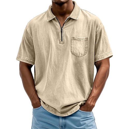 SoftFade™ Herren Polo Shirts Viertel-Reißverschluss Polo Alltagstauglich Datum Viertel-Reißverschluss Kurzarm Mode Basic Unifarben Tasche Abgenutzt Sommer Reguläre Passform Blau Schwarz Rosa Image