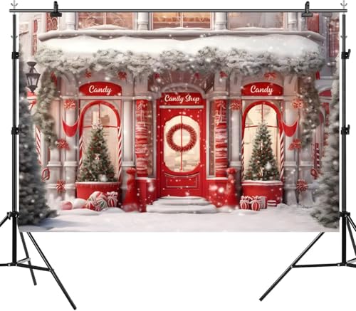 10x8ft Christmas Candy Shop Backdrop Winter Snow Scene Merry Christmas Photography Background Red Xmas Gingerbread House Banner Santa Candy Backdrop Christmas Baby Shower Candy Themed Birthday Decor
