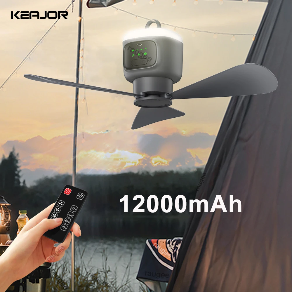12000 mAh Deckenventilator für den Außenbereich, tragbarer Camping-Zeltventilator, wiederaufladbarer Luftzirkulator, Deckenventilator mit Fernbedienung, Nachtlicht Image