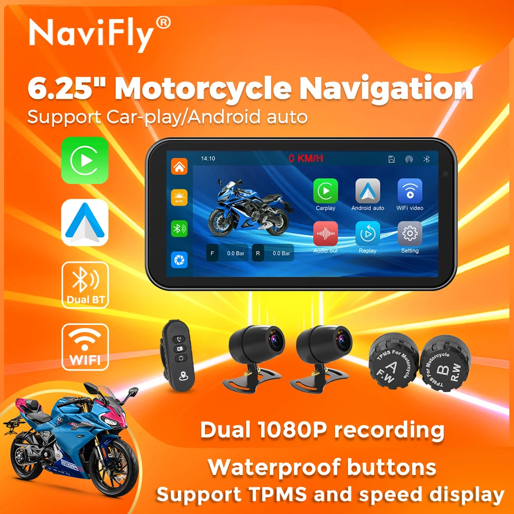 NaviFly 6,25" Motorrad Wireless CarPlay Moto Android Auto Tragbares digitales Armaturenbrett Navigationsdisplay Optionaler DVR TPMS Image