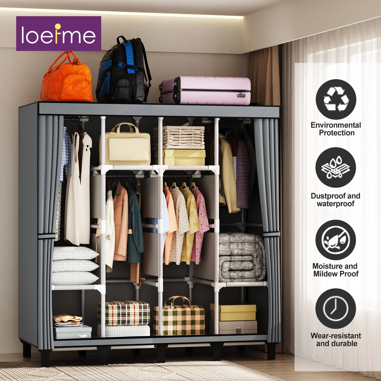 Loefme Canvas-Kleiderschrank, Kleiderschrank-Organizer, tragbarer Aufbewahrungsschrank für Schlafzimmer, 170 x 45 x 175 cm, einfache Installation, Stoffschrank
