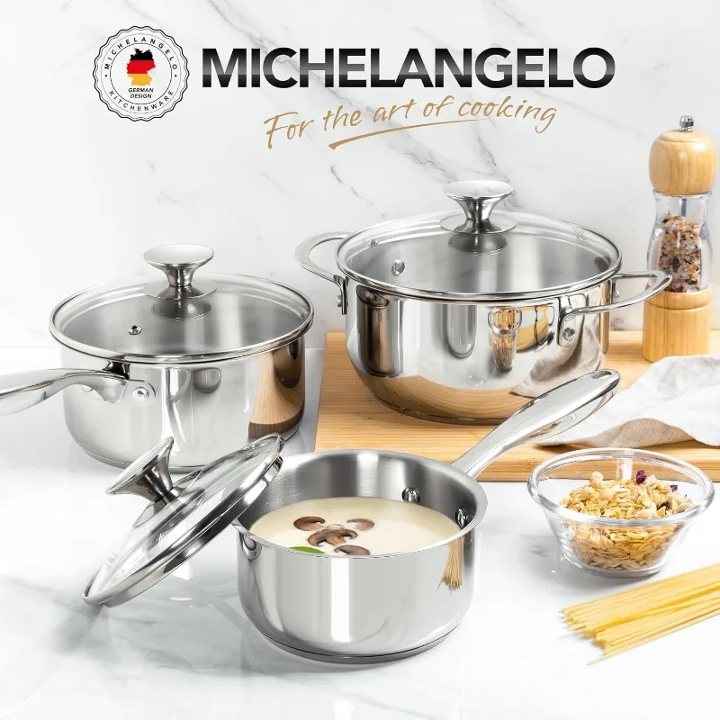 MICHELANGELO Edelstahl-Milchtopf-Set mit Deckel, 1QT, 2QT und 3QT, Topf-Set, induktionskompatible Topfannen, spülmaschinenfest Image