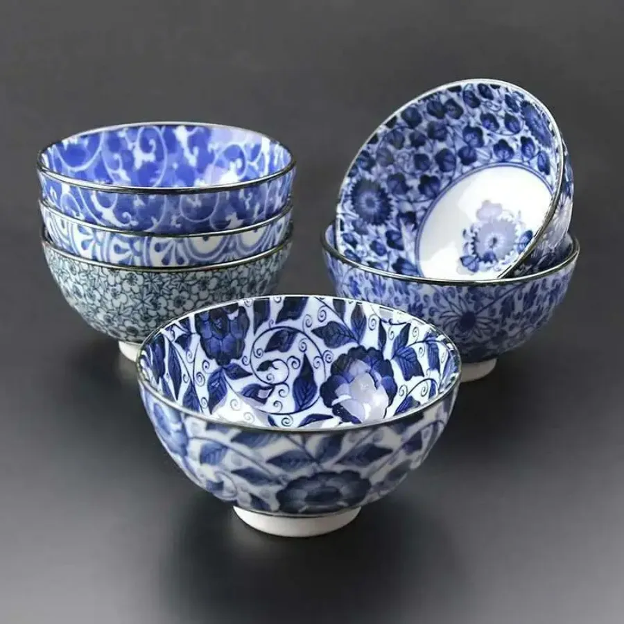 Mino Yaki Japanese Ceramic Rice Bowl Roast Blue and White Noodles Soup Bowl Household Dish Tableware Underglaze Color Craft