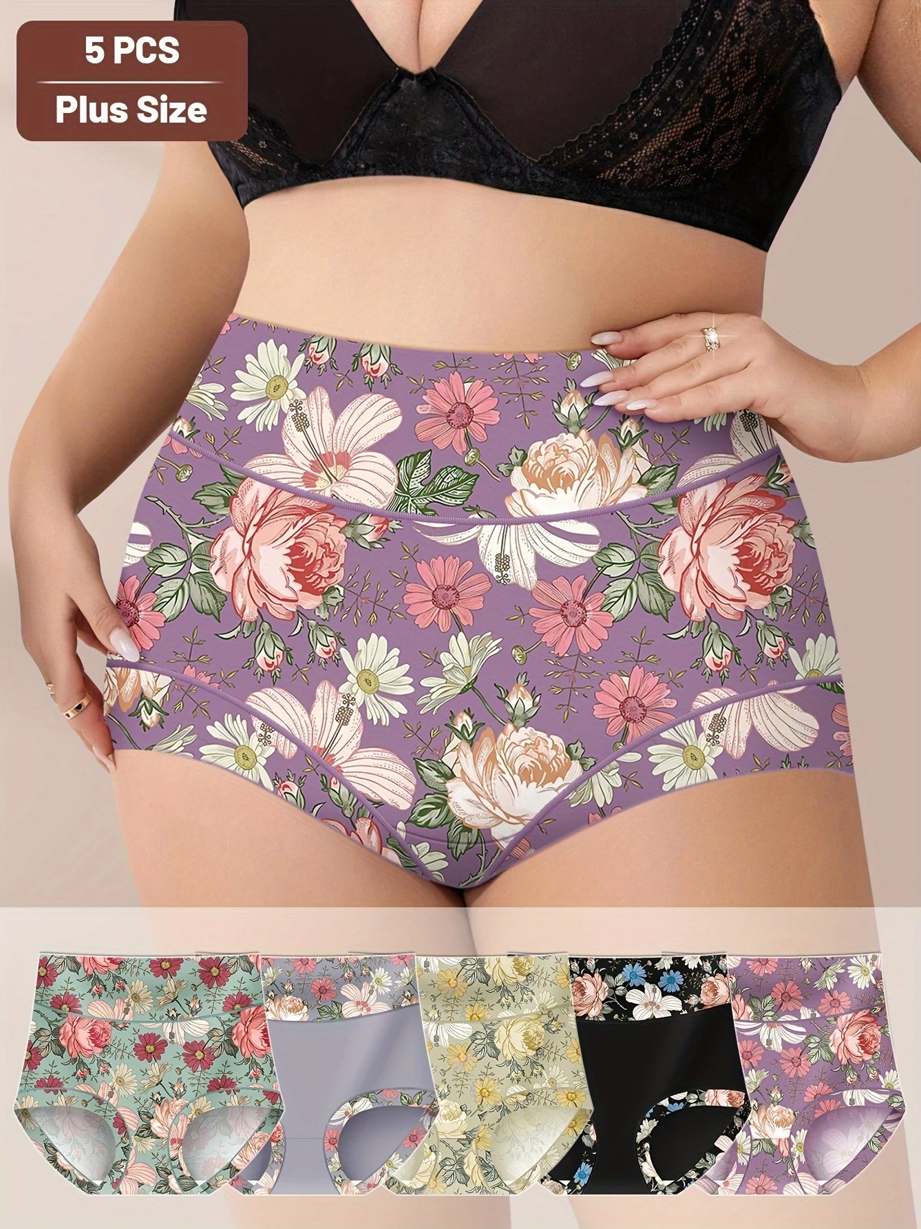 5er-Pack große Unterwäsche mit hoher Taille, Damenunterwäsche, Bauchstraffung und Gluteus-Lifting, bedrucktes Muster, bequemer Stil Image