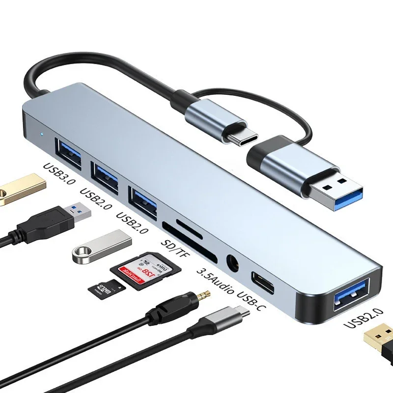 Docking station HUB USB tipo C 8 in 2 con adattatore jack audio da 3,5 mm Lettore di schede Micro SD Convertitore disco per telefono tablet portatile