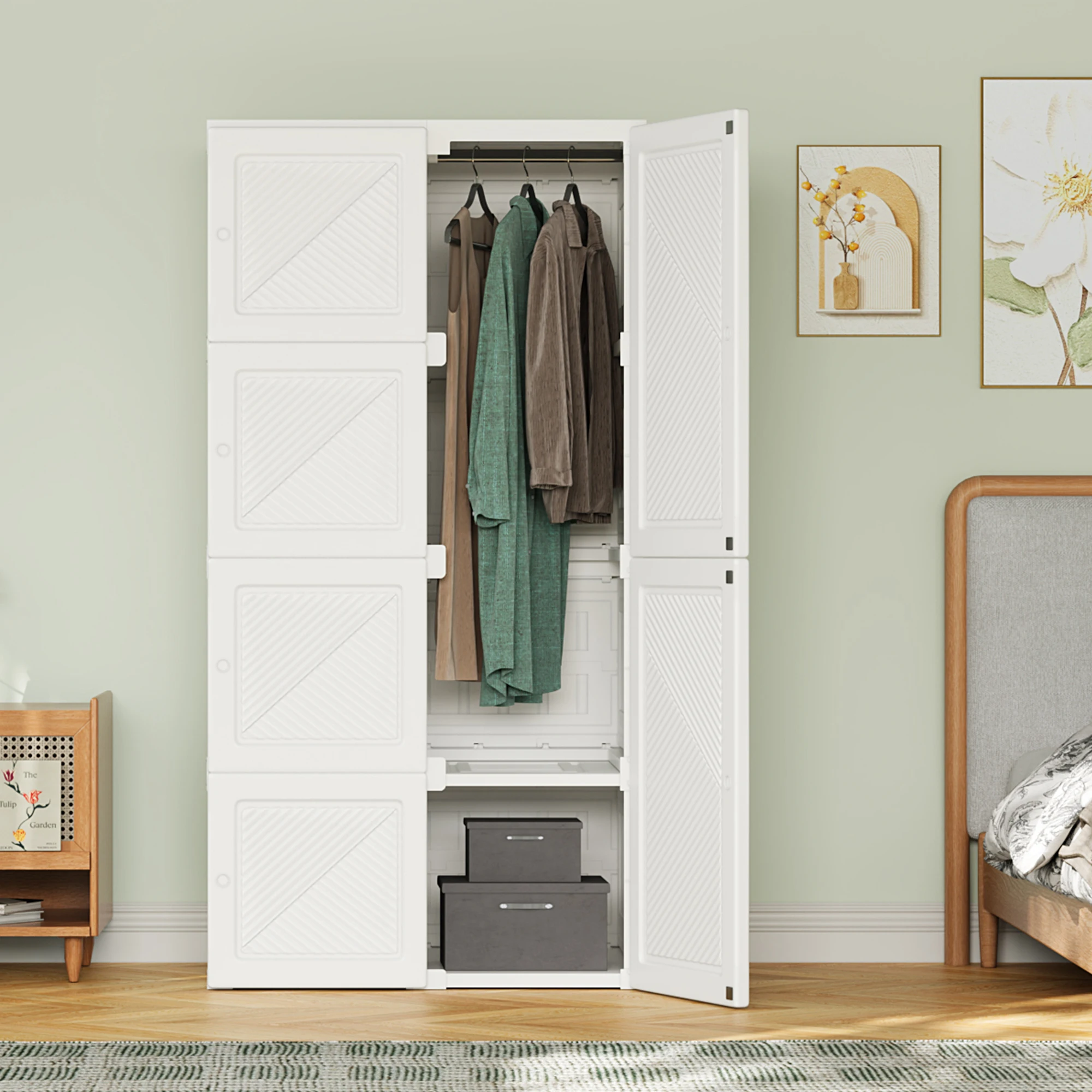 Anajqaqia faltbarer Kleiderschrank, Kunststoff-Kleiderschrank, tragbarer mobiler Kleiderschrank mit 5 Fächern und 6 Türen, weiß