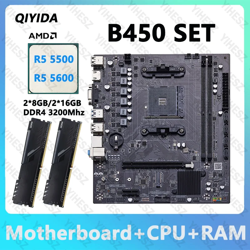 QIYIDA B450 Motherboard-Set mit AMD R5 5500/R5 5600 und 2 x 16 GB DDR4 3200 MHz RAM, unterstützt NVME NGFF M.2 USB 3.0 VGA Dual Channel Image