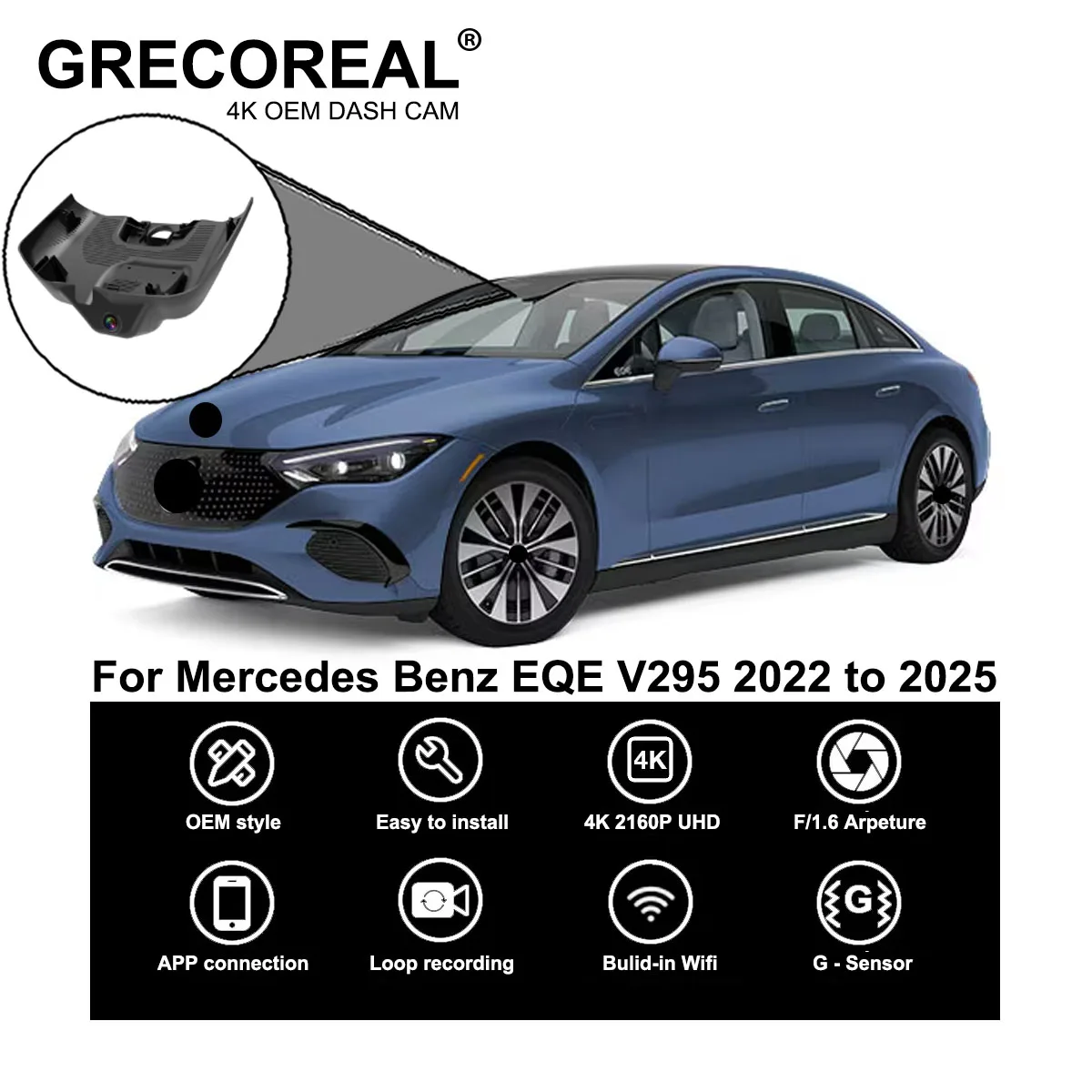 GRECOREAL 4K Dash Cam vorne und hinten WiFi Auto Dual Dashcam APP Control Plug Play kompatibel mit Mercedes Benz EQE Limousine V295 Image