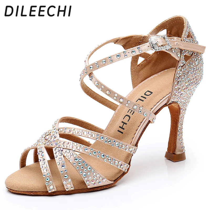 DILEECHI Latin Dance Schuhe Frauen Große Kleine Strass Glänzende Haut Bronze Satin Salsa Party Ballsaal Schuhe Kuba Hohe ferse 9 cm