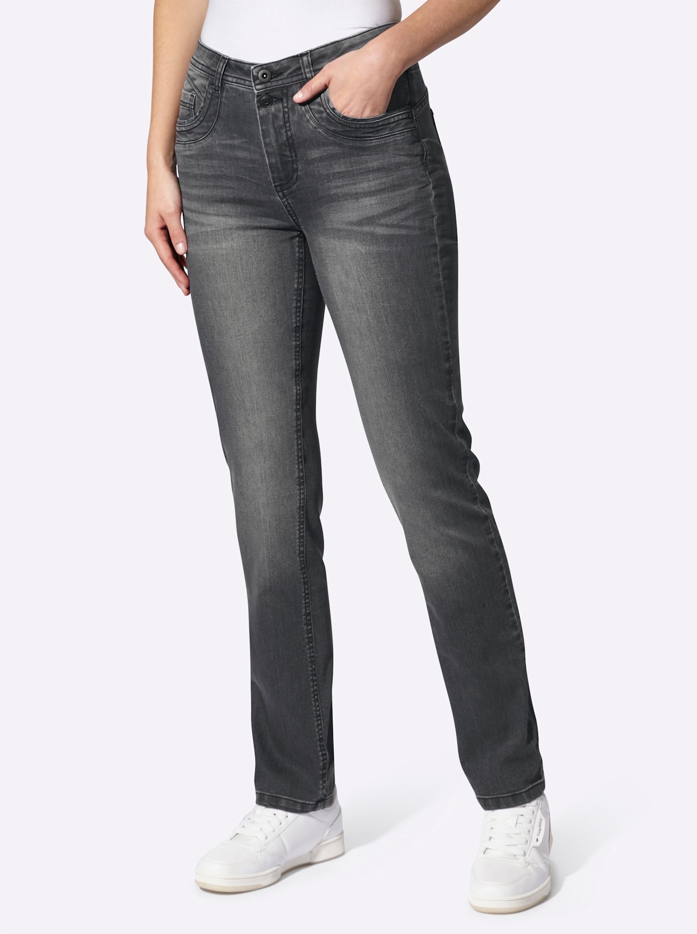 Bequeme Jeans HEINE, Damen, Gr. 36, Normalgrößen, grau (grau denim), 81% Baumwolle, 17% Polyester, 2% Elasthan, unifarben, lang, Jeans
