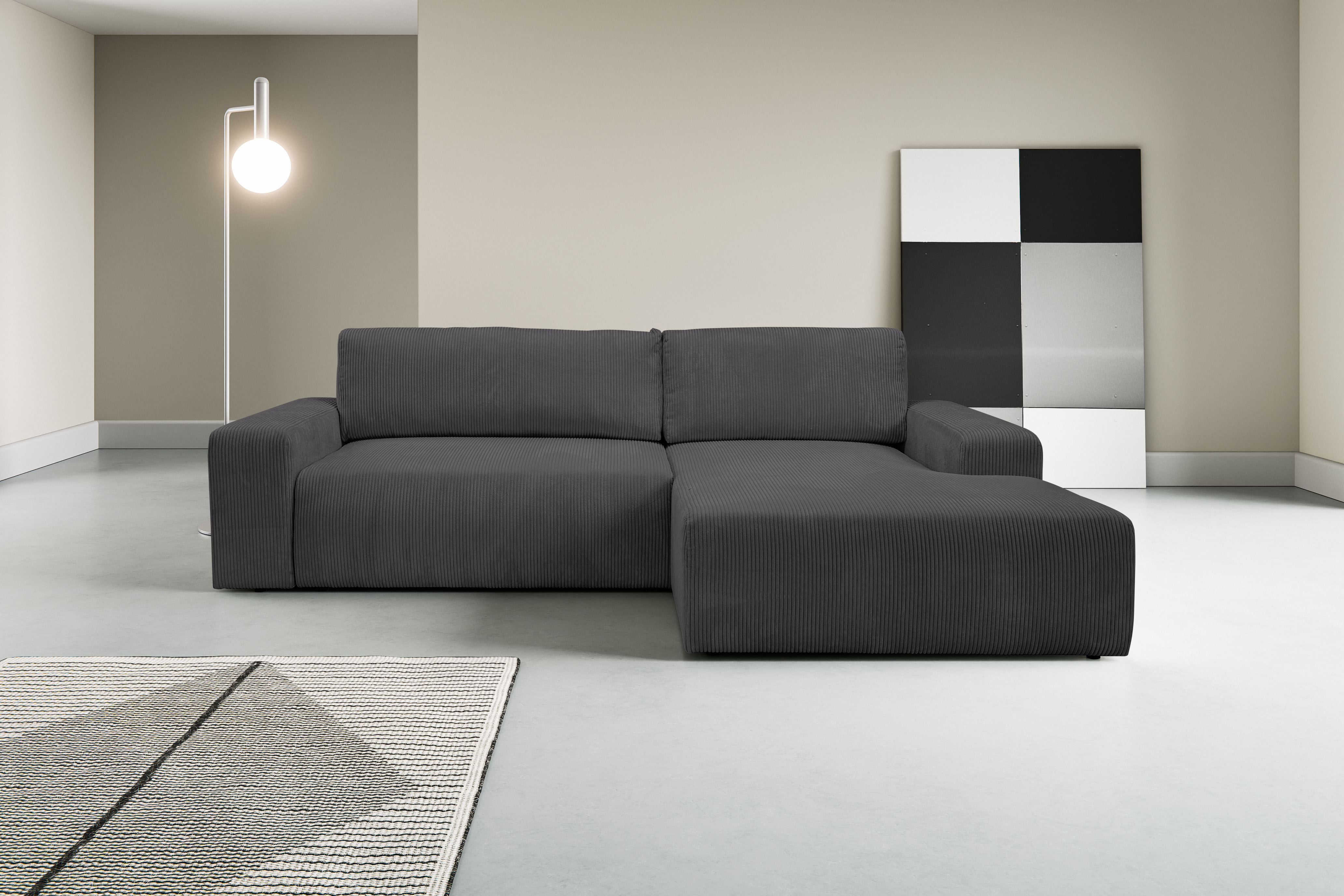 Ecksofa WERK2 "Rotterdam-L, kuschelweicher Cord oder Breitcord, L-Form, Breite 267 cm", grau (anthrazit), B:267cm H:85cm T:165cm, 90% Polyester, 10% Nylon, Sofas, Design Ecksofa mit Schlaffunktion & Bettkasten, Cord, Anthrazit