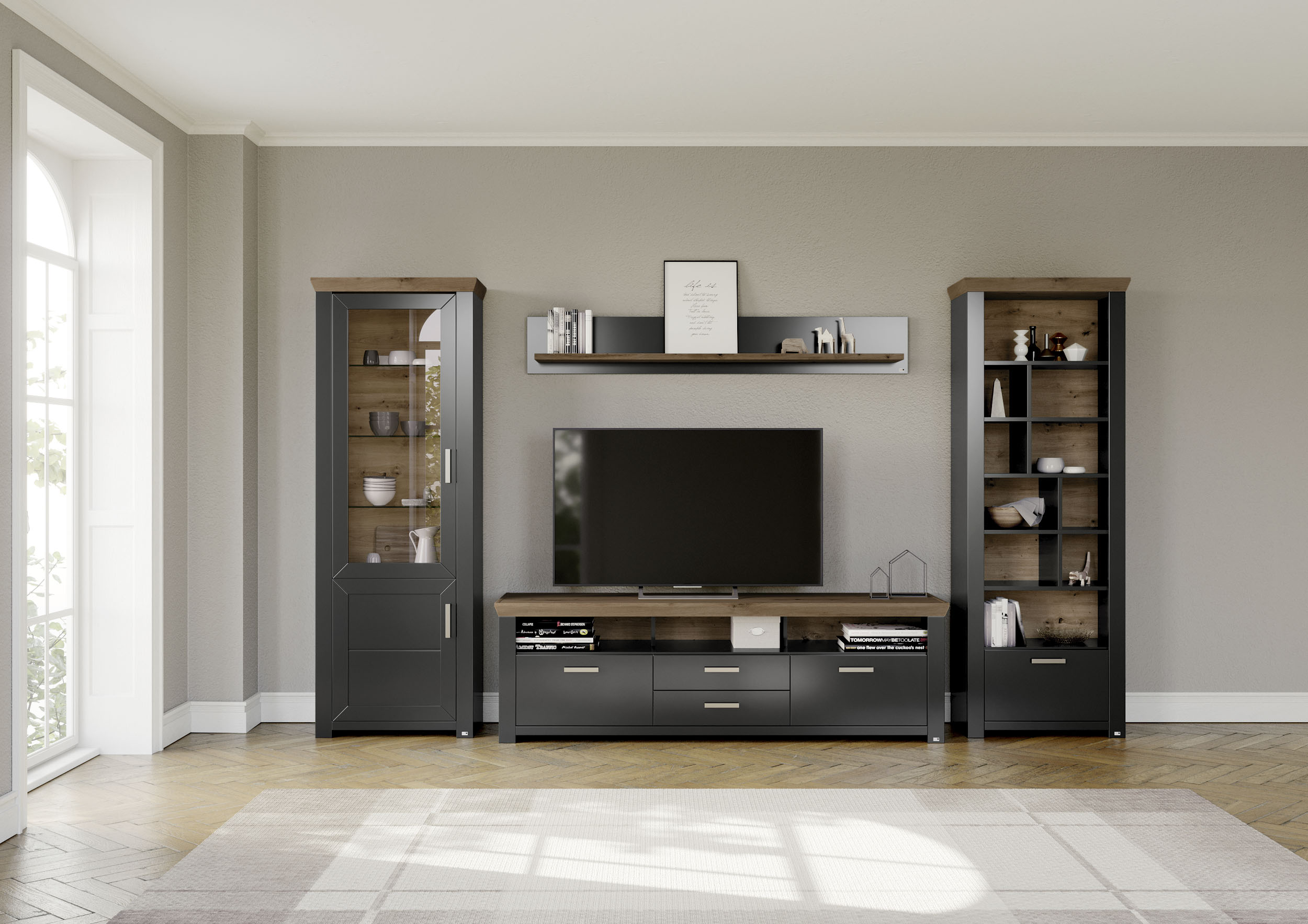 Wohnwand "York", grau (grau, eiche), B:370cm H:207cm T:51cm, Spanplatte, SET ONE BY MUSTERRING, Kastenmöbel-Sets, Kombination 03, in 3 Farbvarianten, Gesamtbreite 370 cm