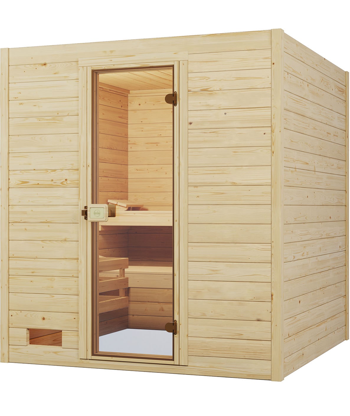 Sauna WEKA "Massivholzsauna VALIDA 3", beige (natur), Saunaofen, externe Steuerung, 7,5 kW, Saunen, Blockbohlen, moderne Ganzglastür