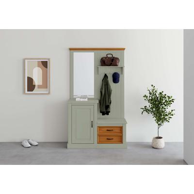 Garderobenschrank HOME AFFAIRE "Selma", grün (salbei grün, gebeizt), B:110cm H:185cm T:40cm, Massivholz, Schränke, Kompaktgarderobe, mit Spiegel, Haken und Hutablage, Breite 110 cm Image