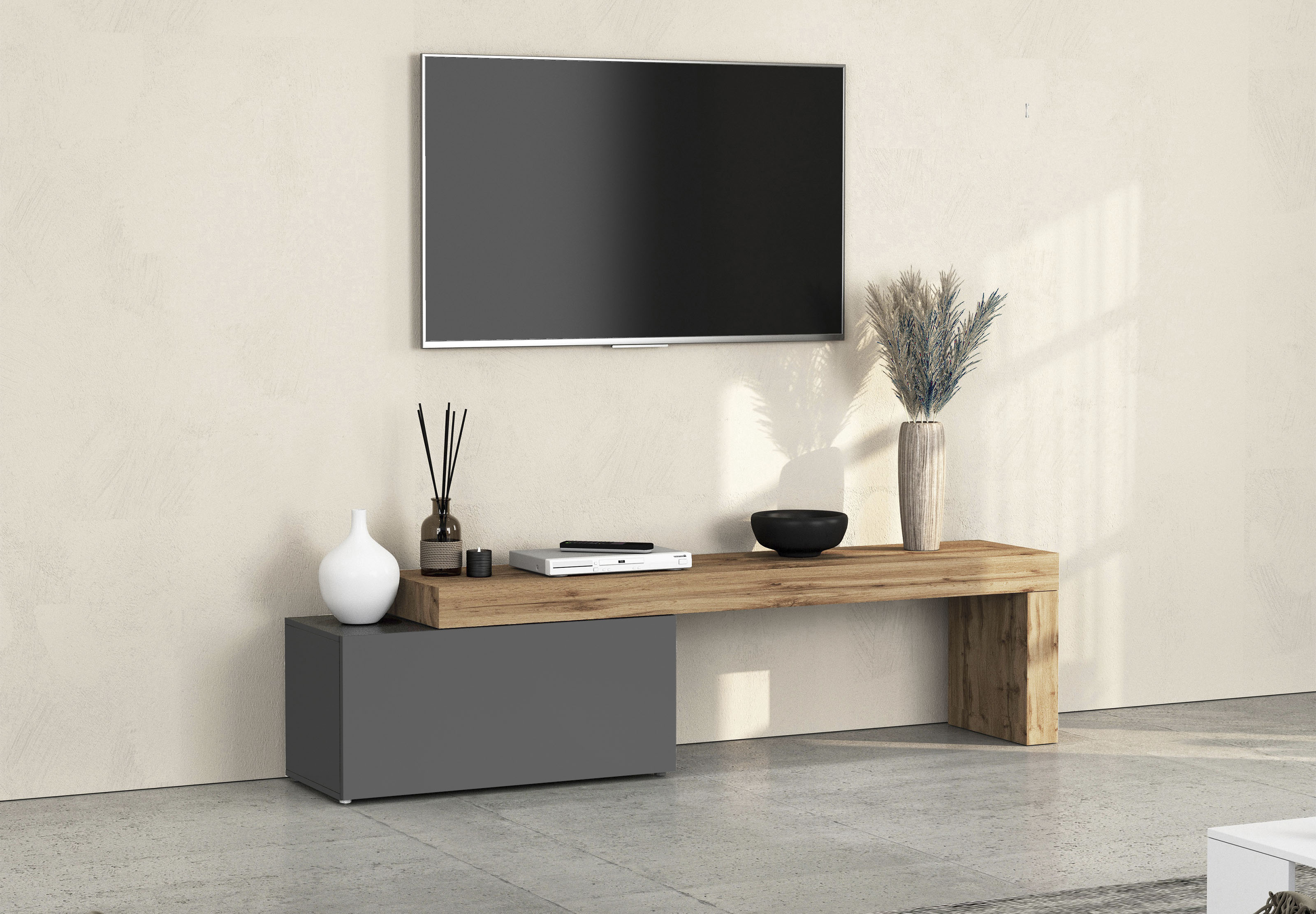 Lowboard INOSIGN "Chronos TV-Board, TV-Schrank", grau (anthrazit, eiche wotan), B:220cm H:51cm T:40cm, Sideboards, Breite 220 cm TV-Board,Lowboard,1 Klappe und ein L-Förmiger Aufsatz