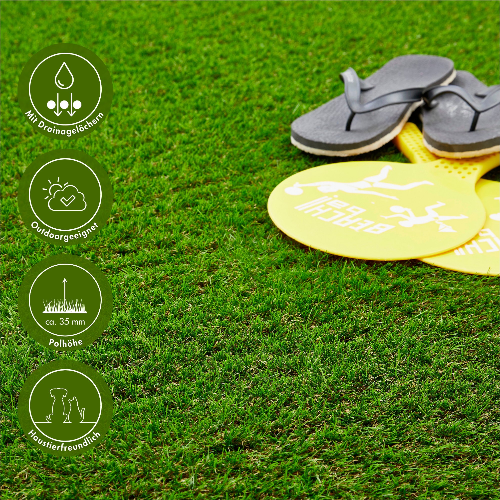 Kunstrasen ANDIAMO "Mykonos, Premium-Qualität, Made in Belgium", grün, B:400cm H:37mm L:550cm, Kunstfaser, Teppiche, natürliche Optik, mit Drainagefunktion, für Balkon, Terrasse, & Garten