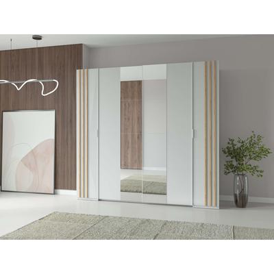 Kleiderschrank HOME AFFAIRE "Kleiderschrank Calera mit Spiegel, 10 Einlegeböden und Kleiderstange", weiß, B:220cm H:207,5cm T:62cm, Melamin, MDF, Schränke, Garderobe mit 2 Schwebetüren und 2 Drehtüren, BxHxT 219,6x207,5x62 cm Image
