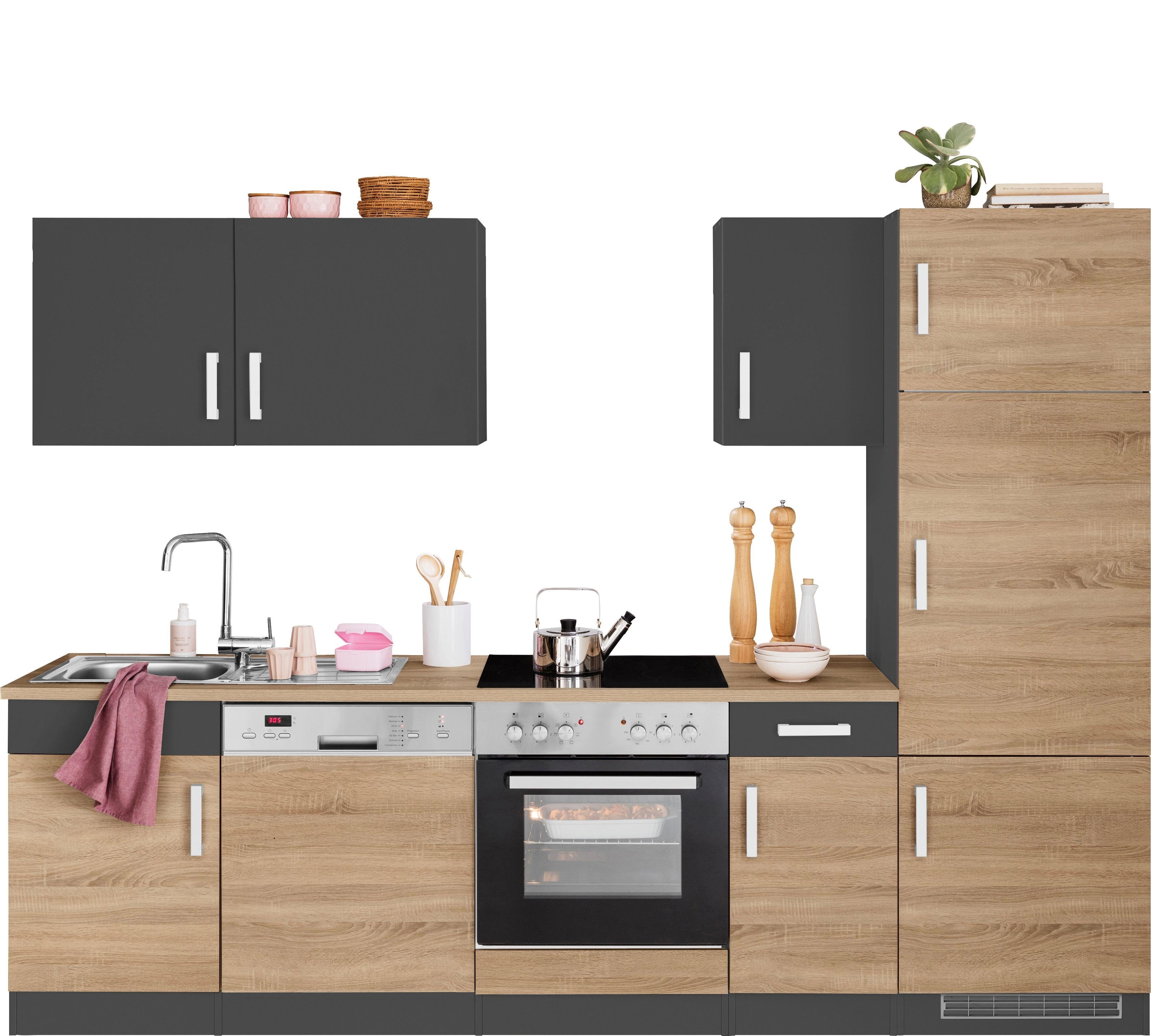 Küchenzeile KOCHSTATION "KS-Gera", grau (küche: natur, front: eiche sonoma, anthrazit, korpus: anthrazit, arbeitsplatte: eiche sonoma), B:270cm H:200cm T:60cm, Komplettküchen-Sets, Küchenzeile, Breite 270 cm, wahlweise mit E-Geräten, mit Arbeitsplatte
