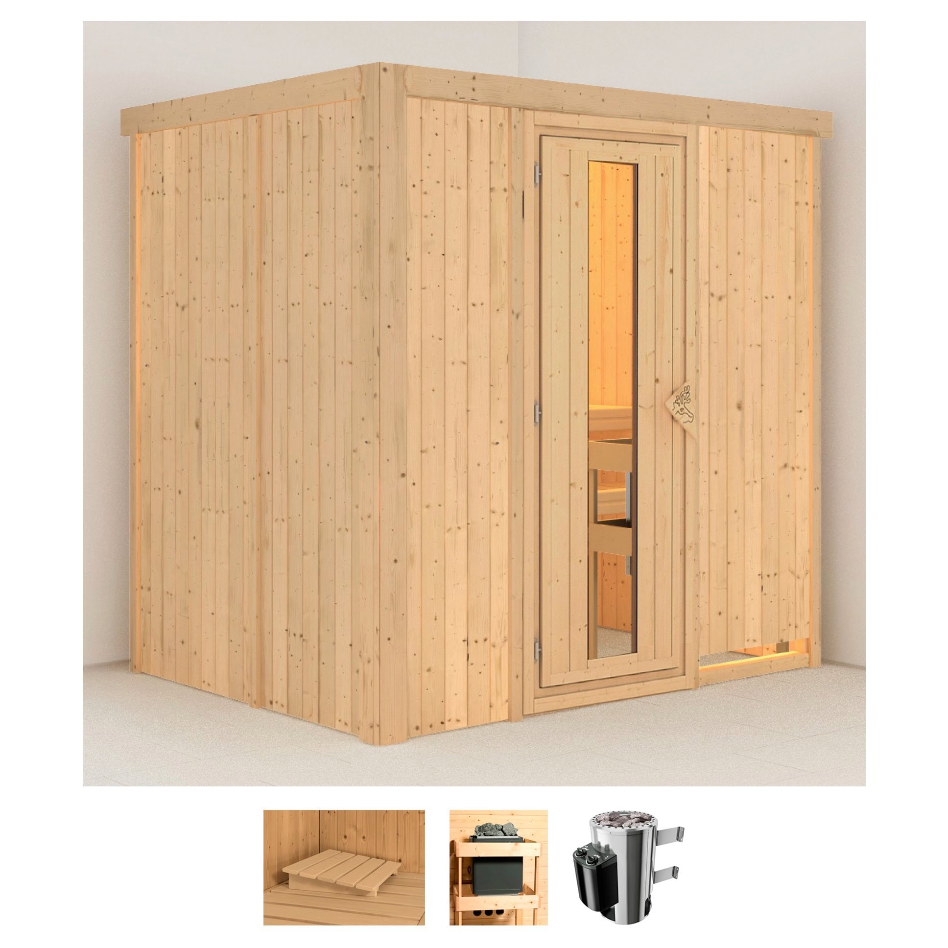 Sauna KARIBU "Finja", beige (naturbelassen), Saunaofen, integrierte Steuerung, 3,6 kW, Saunen, Ofen 3,6 kW intgr. Strg