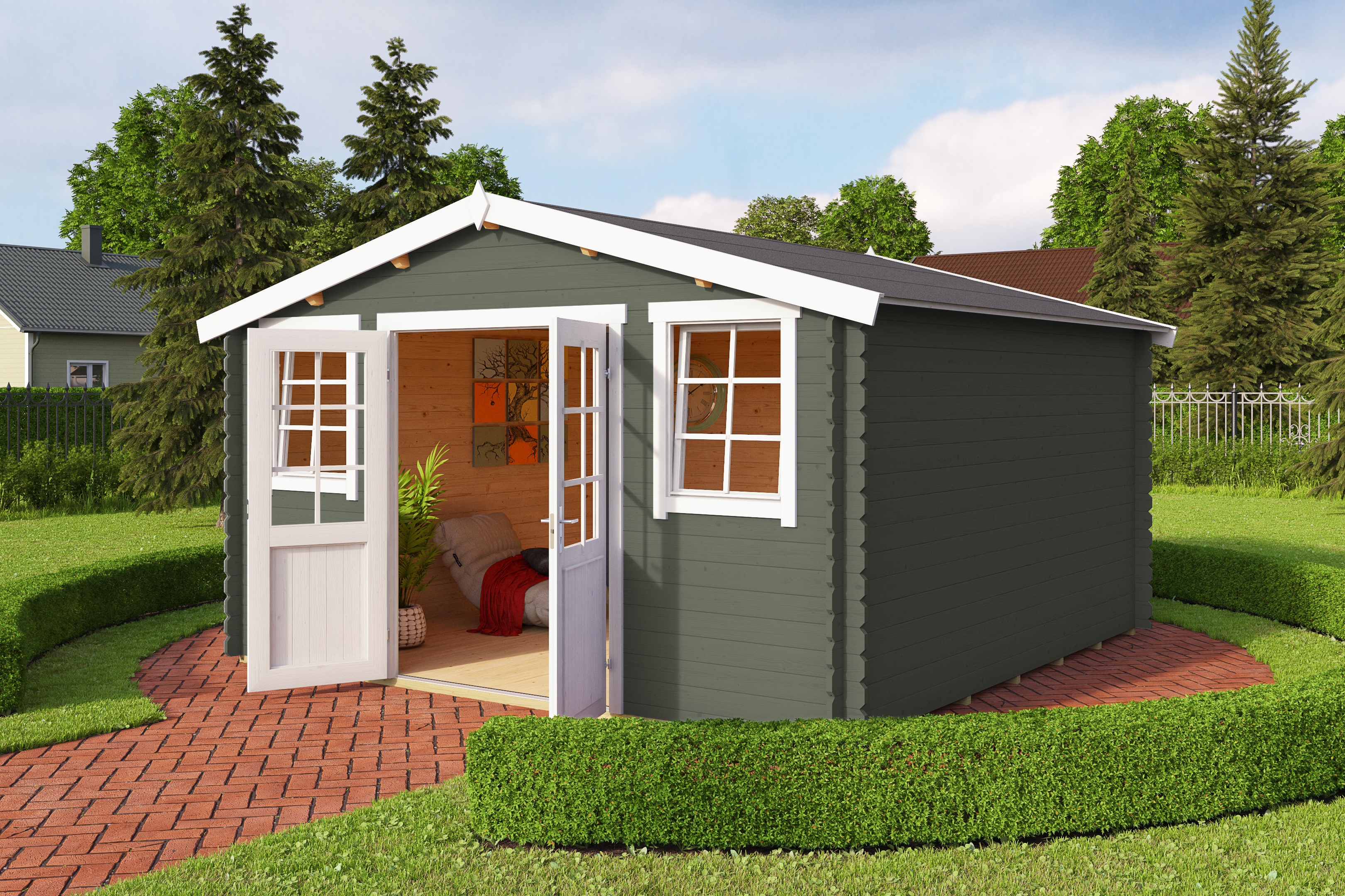 Gartenhaus NORDIC HOLZ "Wels 4", grün (grüngrau), Fußboden im Gartenhaus, Massivholzdach, Holz, Gartenhäuser