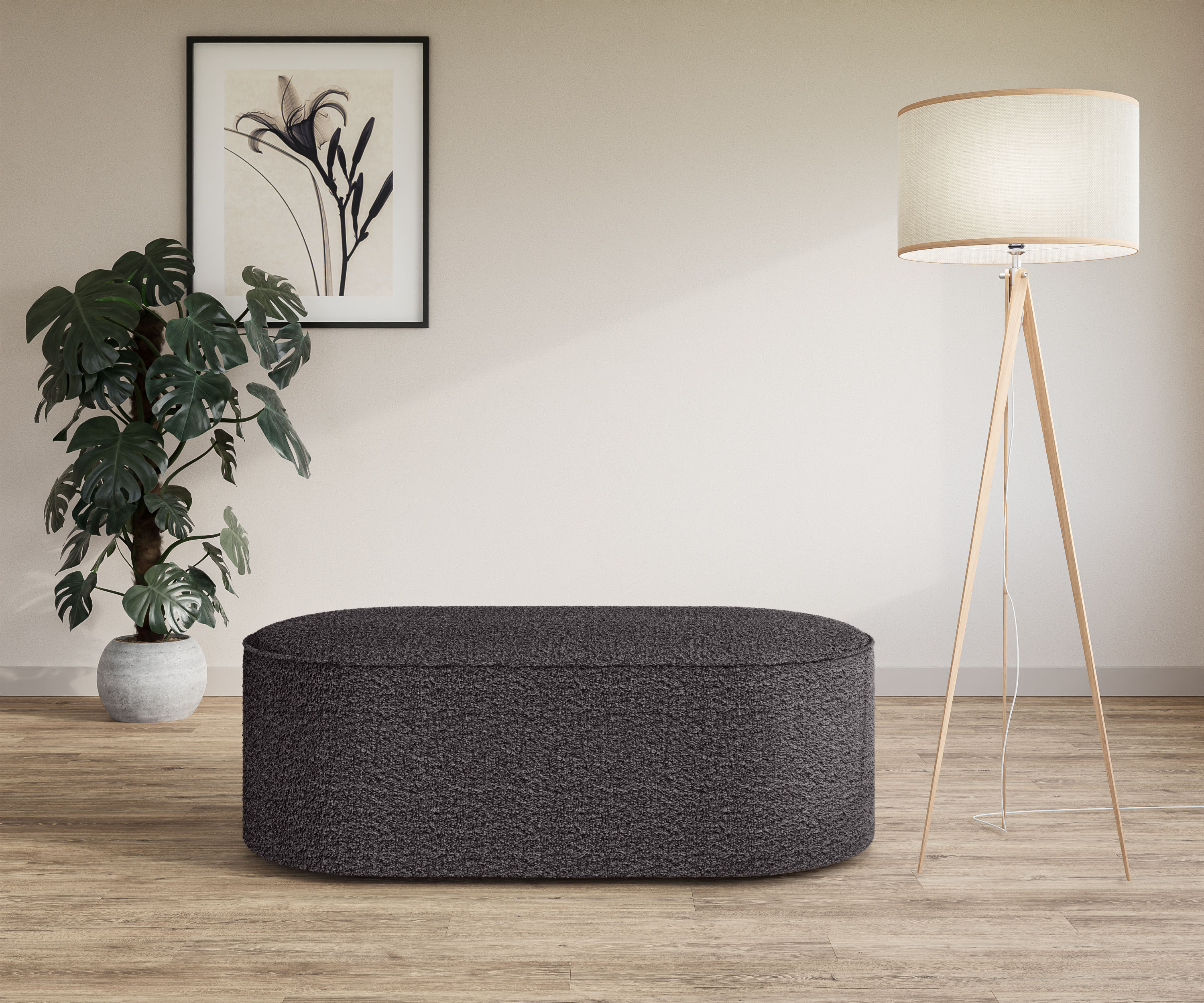 Polsterhocker ANDAS "EIVIND Sitzhocker, Maße: B/T/H: 142/70/48 cm", grau (anthrazit), B:142cm H:48cm T:70cm, 100% Polyester, Hocker, auch in Bouclé und Feincord, mit Wellenunterfederung