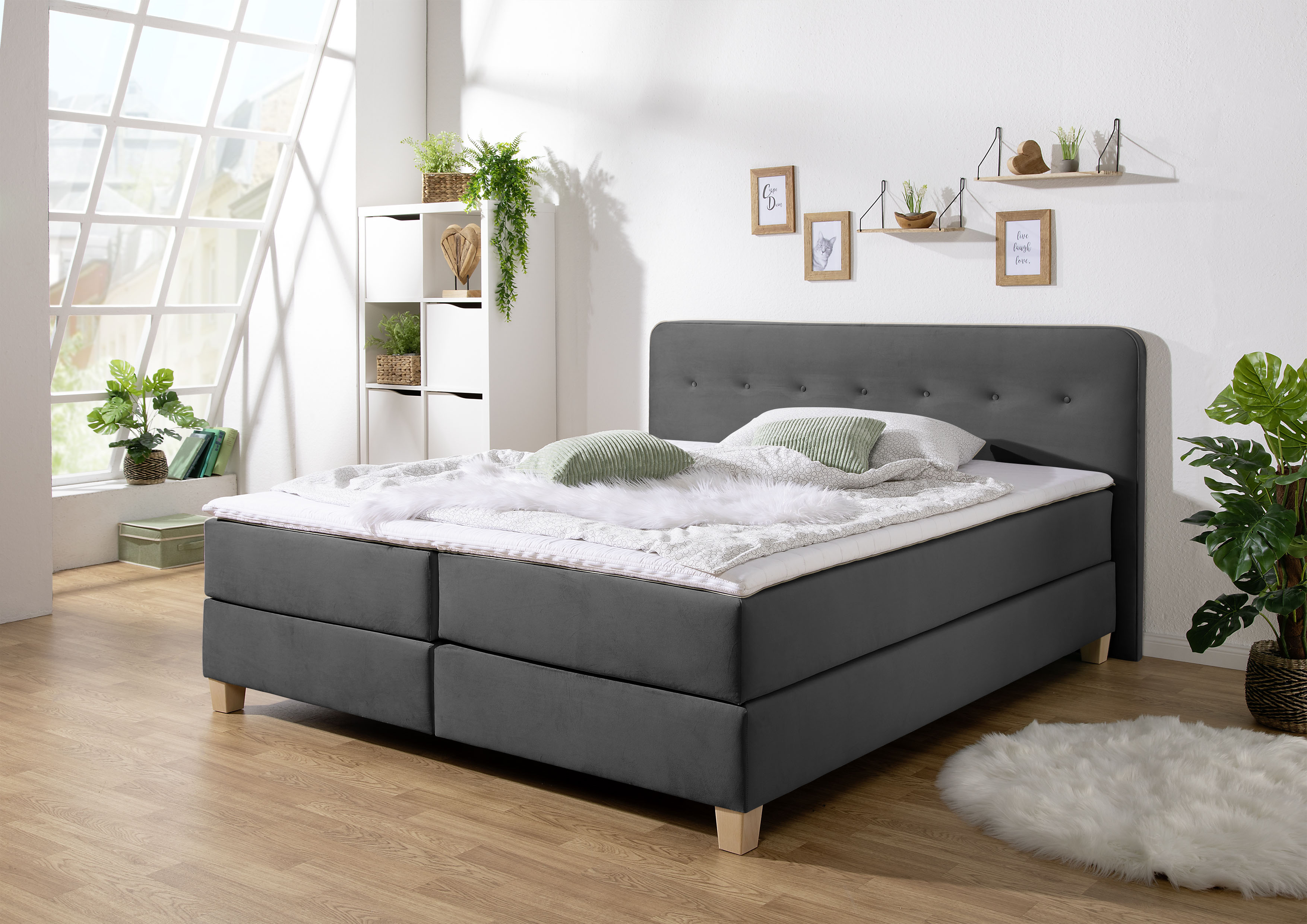 Boxspringbett HOME AFFAIRE "Fargo", grau (anthrazit), B:213cm L:227cm, Struktur fein (100% Polyester);Samtstoff (100% Polyester), Komplettbetten, in Überlänge 220 cm, mit Topper, 3 Ausführungen, 4, Breiten Image