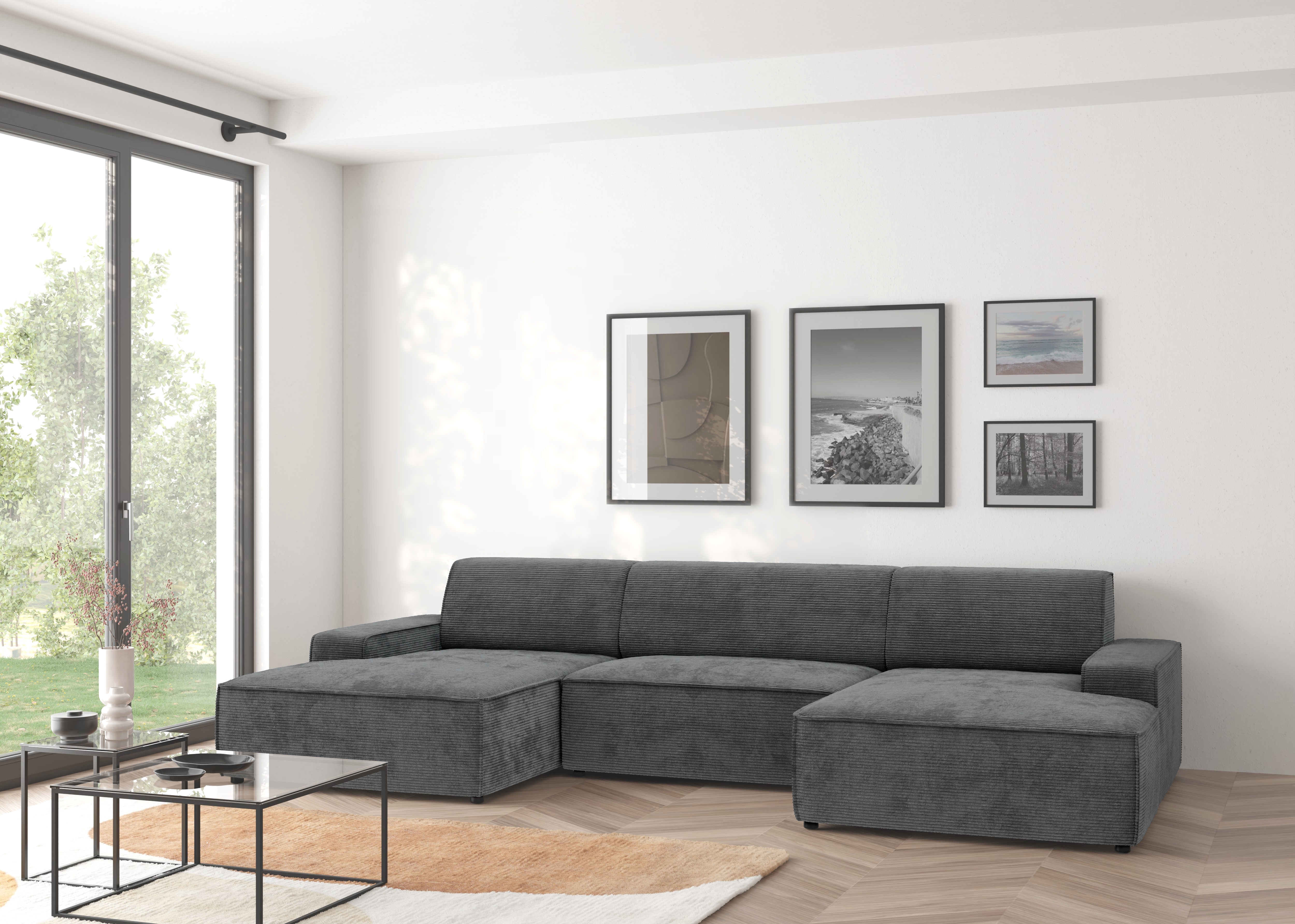 Wohnlandschaft TRENDMANUFAKTUR "Graz, wahlweise mit Sitzvorschub und Bettkasten, U-Form, Breite 329 cm", grau (dunkelgrau), B:329cm H:73cm T:162cm, 92% Polyester, 8% Polyamid, Sofas, Wohnlandschaft, in Cord-, haustierfreundlichem LEO Struktur- oder...