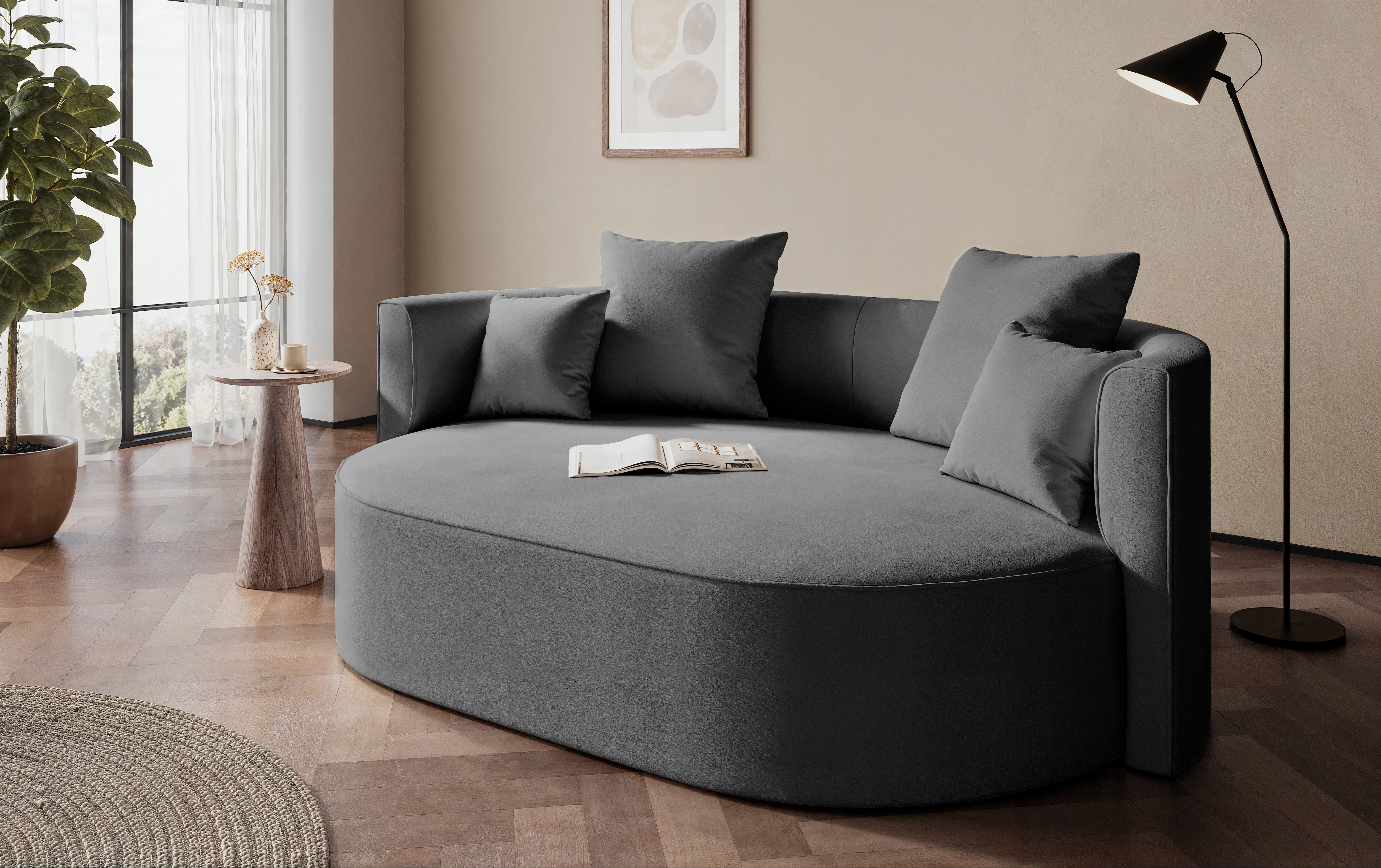 2,5-Sitzer "ISALIE, rundes Loungesofa, mit Kissen, perfekt gepolstert", grau, B:200cm H:98cm T:145cm, LEGER HOME BY LENA GERCKE, Sofas, moderne Stoffe, mit 4 Zierkissen, extra große Sitzfläche
