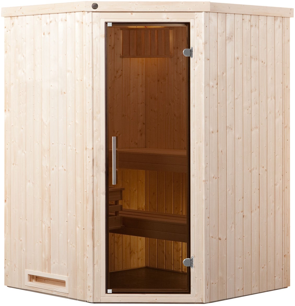 Sauna WEKA "Element-Ecksauna KIRUNA 1", beige (natur), Saunaofen, integrierte Steuerung, 3,6 kW, Saunen, vorgefertigte Elemente, moderne Ganzglastür, Eckeinstig