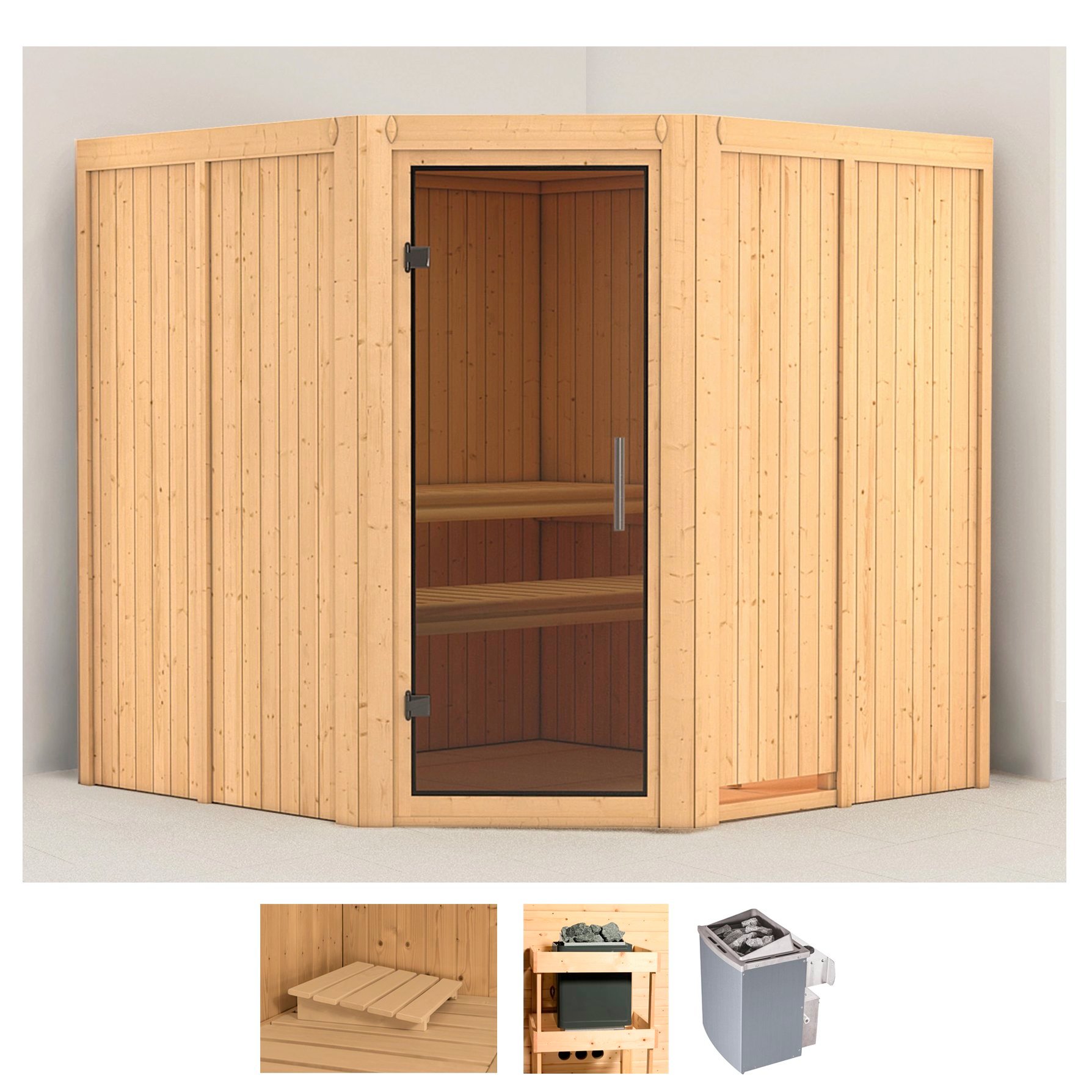 Sauna KARIBU "Jarin", beige (naturbelassen), Saunaofen, integrierte Steuerung, 9 kW, Saunen, Ofen 9 kW integr. Strg