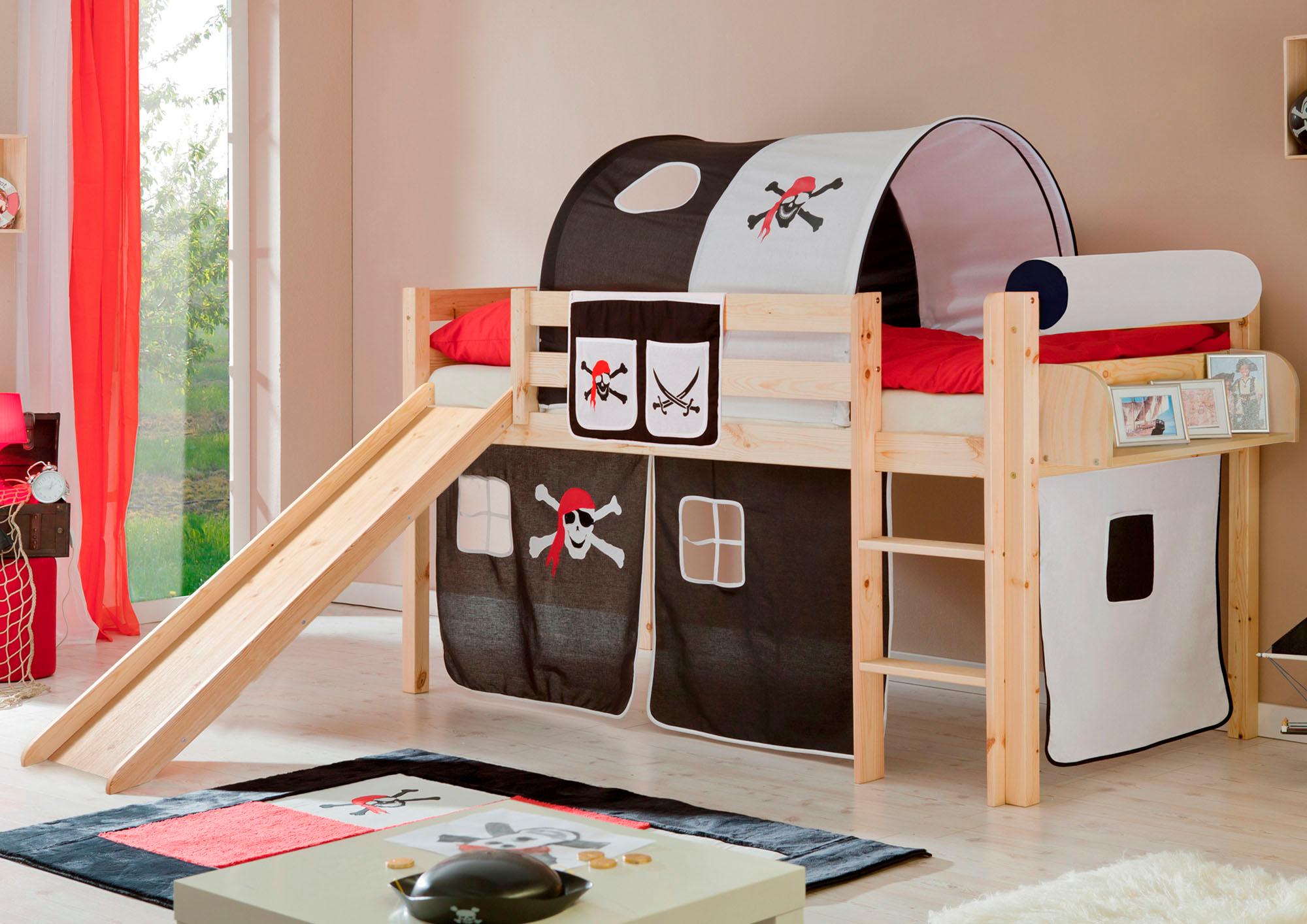 Hochbett TICAA "Manuel", schwarz-weiß (kiefer massiv natur, pirat, schwarz, weiß), B:217cm H:114cm L:205cm, Hochbetten, Hochbett, Rollrost und Textil-Set wahlweise mit Matratze, Kiefer massiv natur