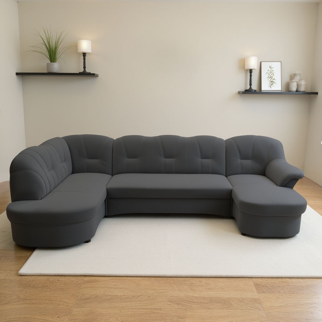 Wohnlandschaft DOMO COLLECTION "Flores auch in Leder-Bezug, B/T/H: 293/180/86 cm, U-Form", grau (dunkelgrau), B:293cm H:84cm T:182cm, 100% Polyester, Sofas, wahlweise mit Bettfunktion, wahlweise mit Federkern, Topseller