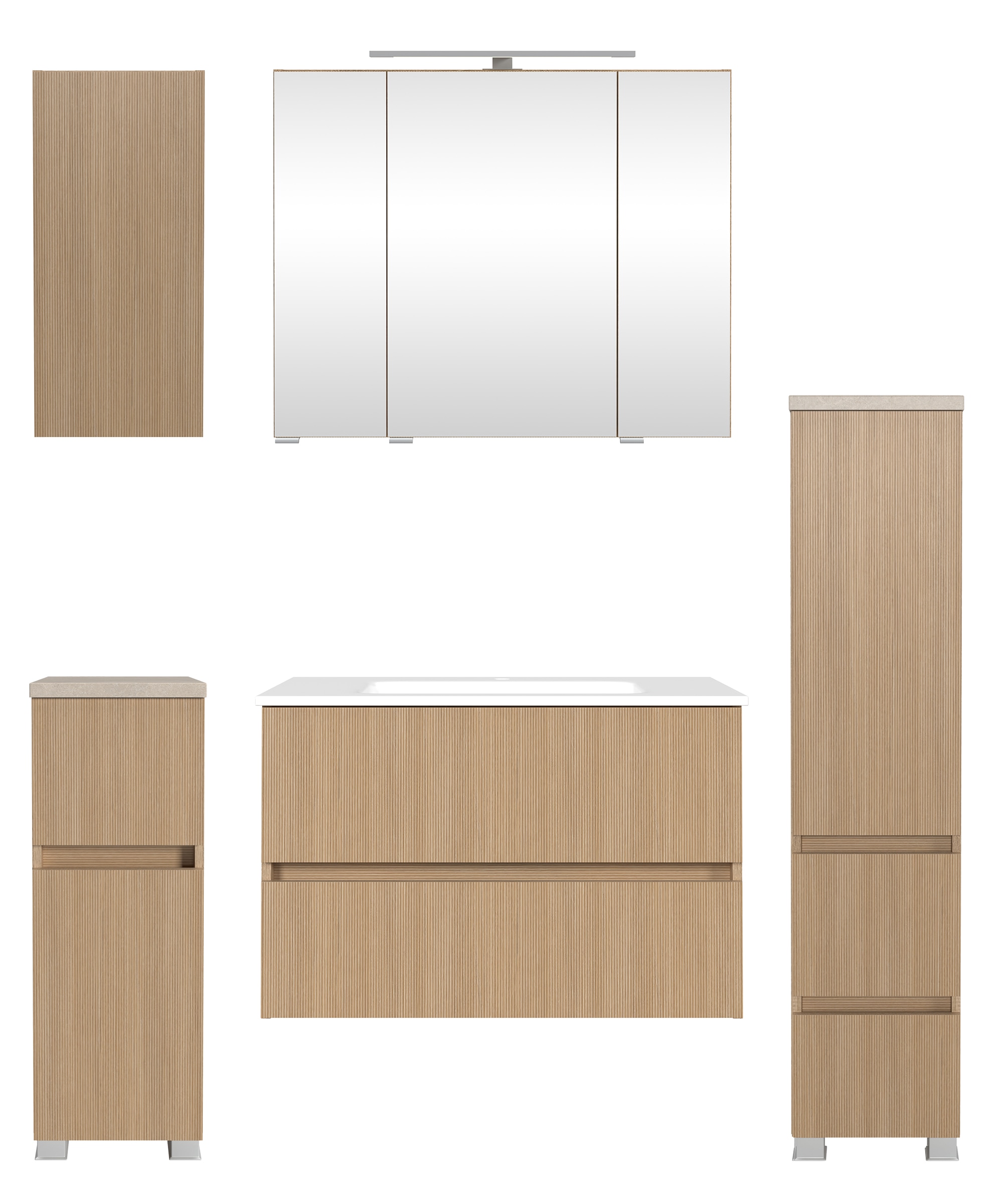 Badmöbel-Set WELLTIME "EIXO, 5tlg.-Set: Spiegelschrank, Waschtisch und Beimöbel", braun (eiche hell), B:140cm H:200cm T:47cm, Holzwerkstoff, Kastenmöbel-Sets, Badmöbel-Set, Set 140 cm breit, Badmöbel mit LED-Beleuchtung
