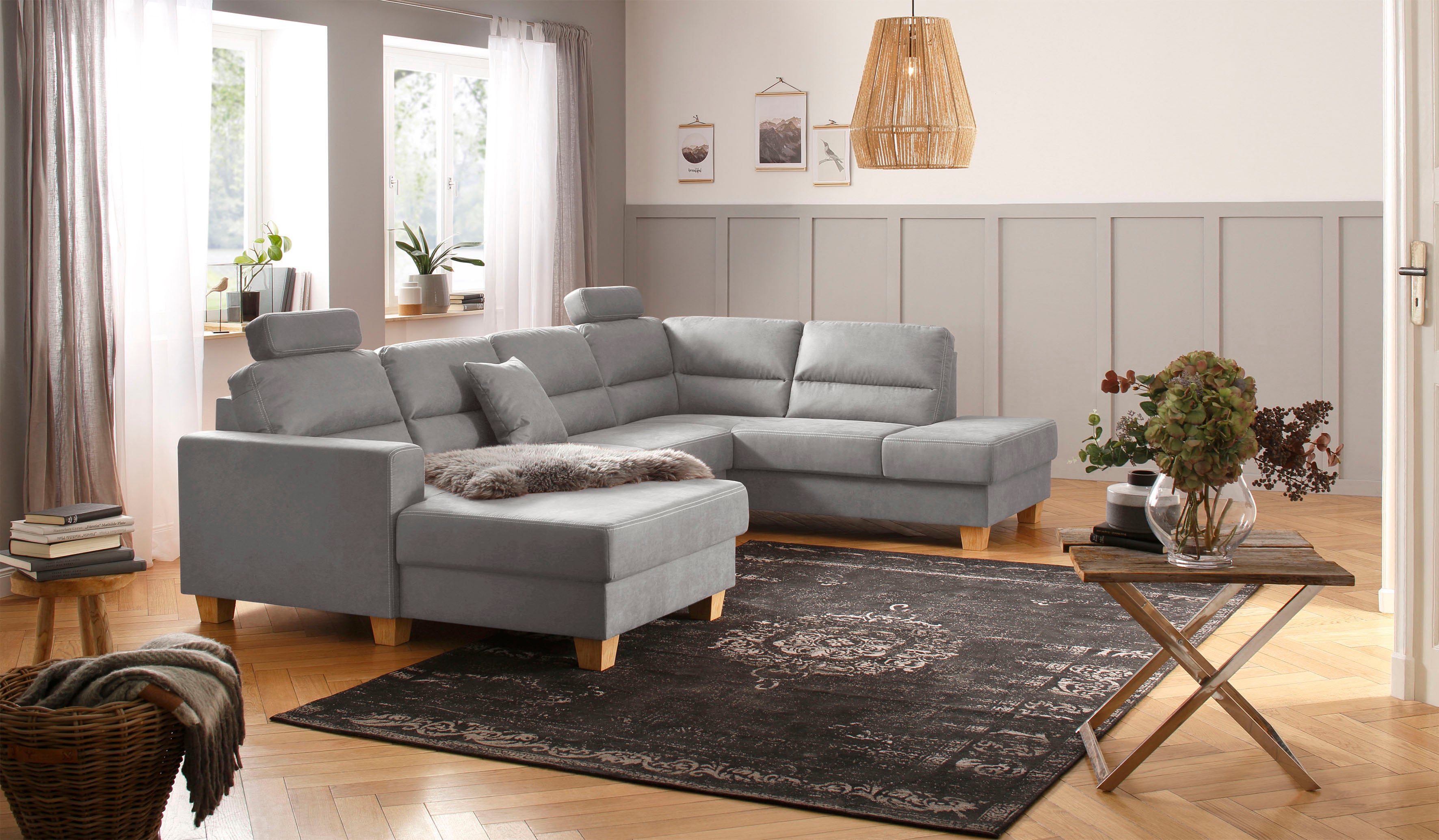 Wohnlandschaft HOME AFFAIRE "Navan, komfortabel mit viel Platz, U-Form", silber, B:313cm H:100cm, Sofas, Wohnlandschaft, wahlweise mit Bettfunktion und Kopfstütze