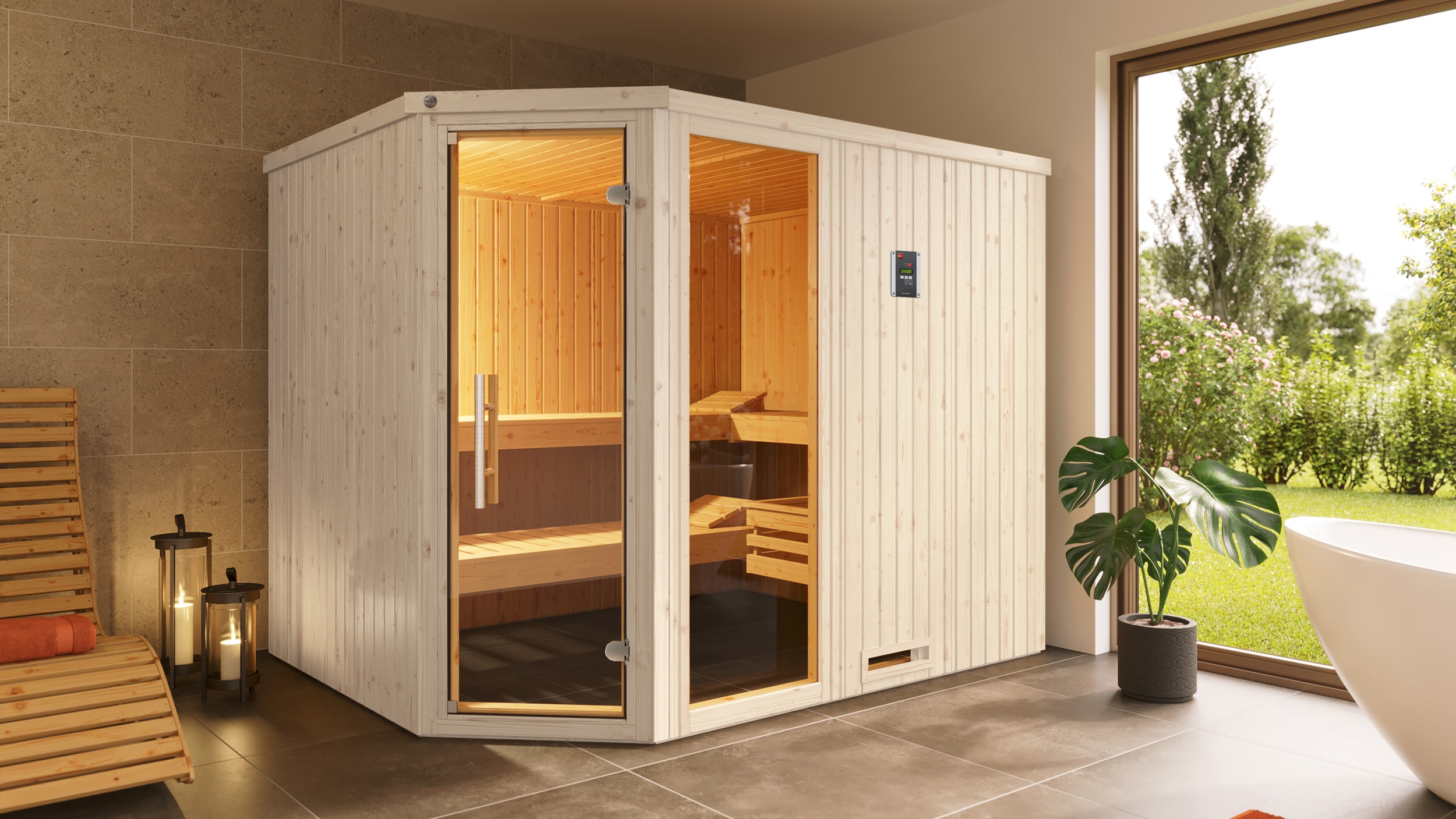 Sauna WEKA "Element-Ecksauna VARBERG 4", weiß, Bio-Ofen, externe Steuerung, 9 kW, Saunen, vorgefertigte Elemente, Fensterelement, moderne Ganzglastür Image