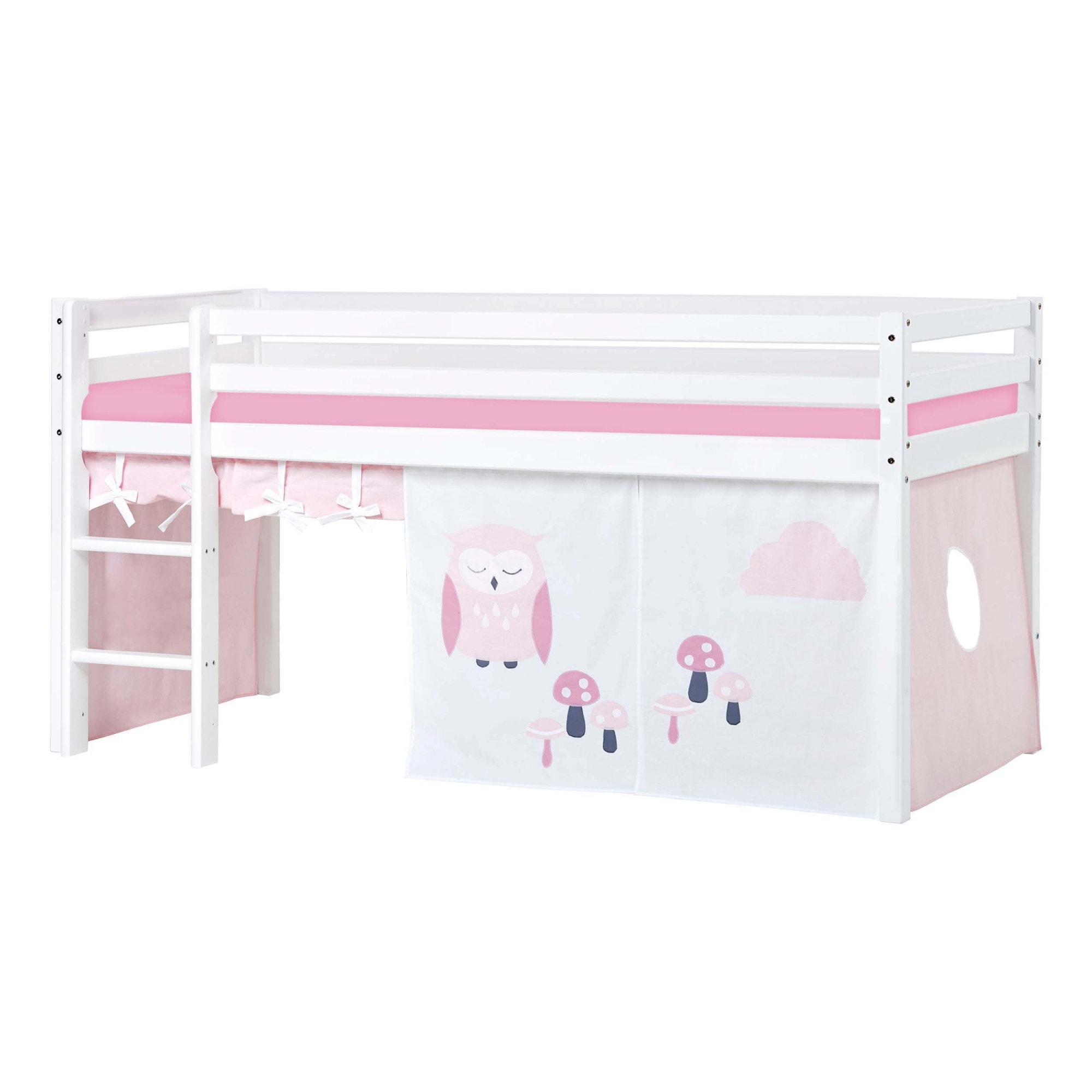 Hochbett HOPPEKIDS "ECO Dream, Kinderbett, Spielbett, Halbhohes Bett aus Massivholz", rosa (weiß, eule rot), B:101cm H:105cm L:208cm, Kinderbett: 100% Massivholz: Nordische Kiefer, Vorhang: 100% Baumwolle, Matratzenbezug 100% Baumwolle, Matratze:...