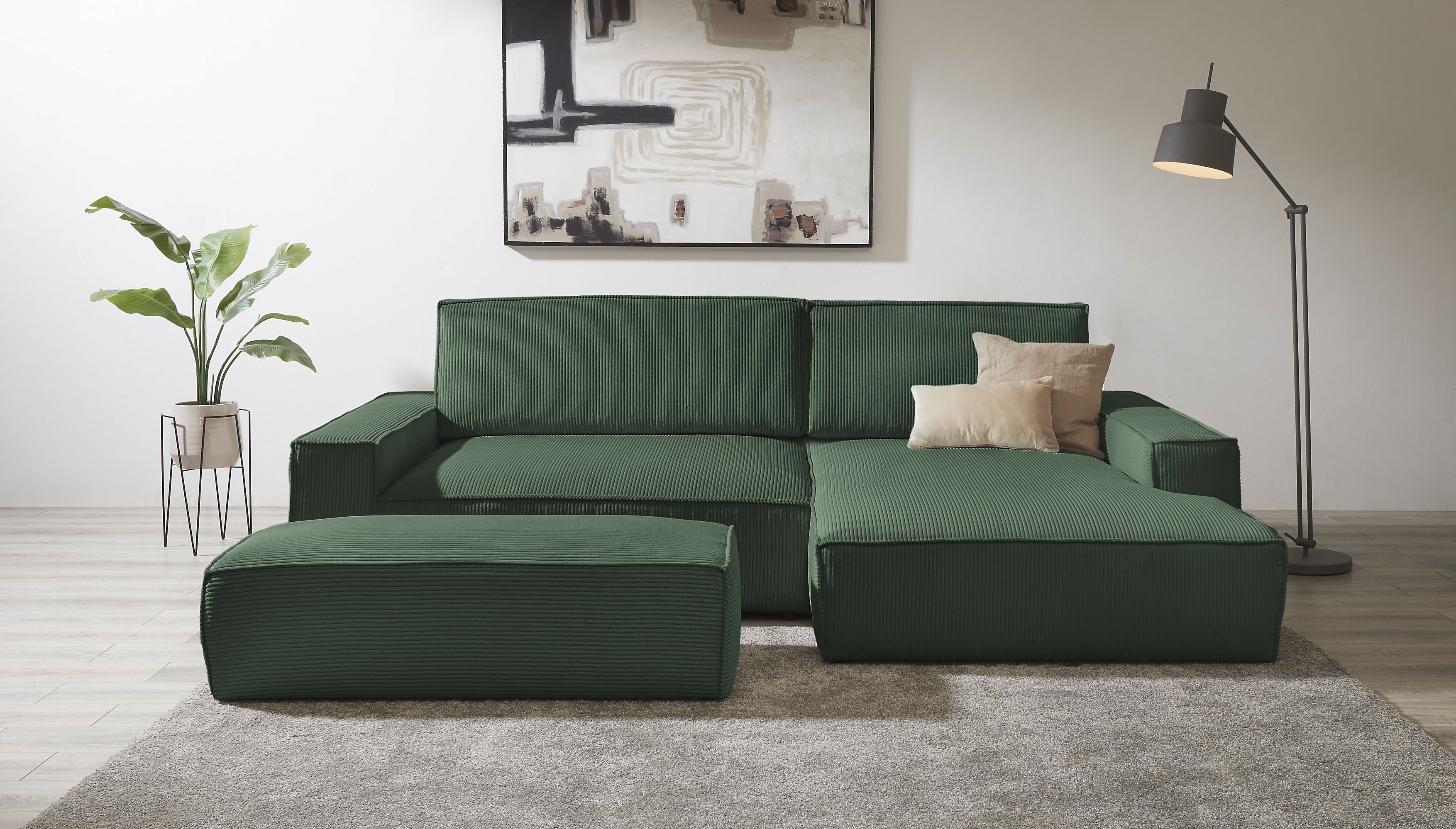 Polsterecke HOME AFFAIRE "SHERWOOD XXL tief, L-Form, Schlaffunktion, Bigsofa, Cord, Leinenoptik", grün (dunkelgrün), B:284cm H:90cm T:135cm, 100% Polyester, Sofas, stellbar zum Schlafsofa (Krokodilverbinder), Cord, Leinenoptik